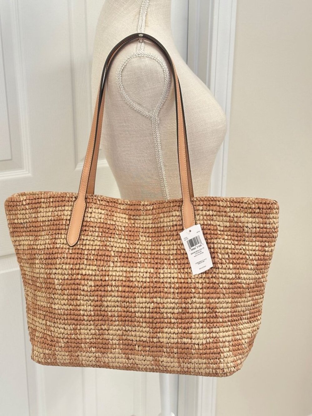 Coach City Tote Gingham Print Woven Straw and Smooth Tan Leather Trim CES22 NWT - Picture 3 of 12